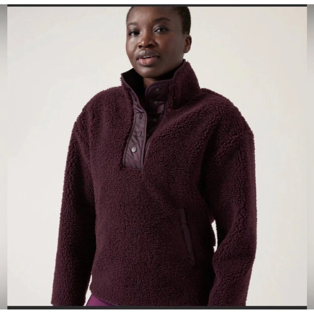 Athleta Women's Medium #466888 Jacket Cozy Sherpa Snap Sweatshirt in Maroon